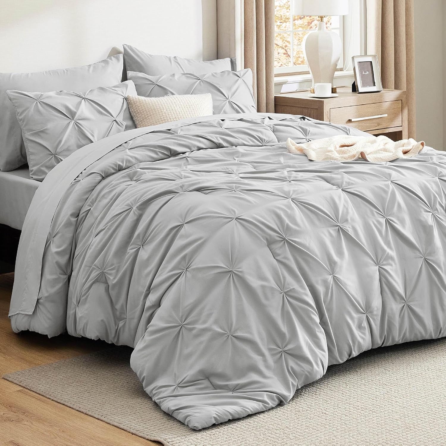 Bedsure Queen Comforter Set Grey - Bed in a Bag Queen Size 7 Pieces, GentleSoft™ Pintuck Bed Set Gift for Family, Pinch Pleat Grey Comforter with Sheets, Pillowcases & Shams