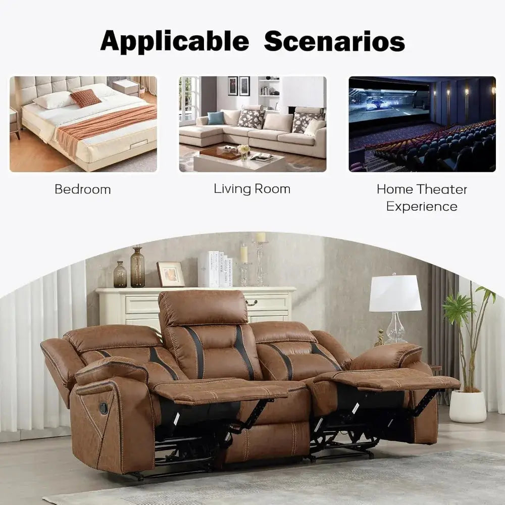 Brown faux leather reclining sofa with three seats, featuring manual recline function and plush cushioning. Stylish and durable furniture for living rooms.