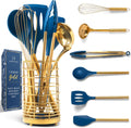 White Silicone and Copper Kitchen Utensils Set with Holder - 17-Piece Rose Gold Cooking Tools for Nonstick Cookware
