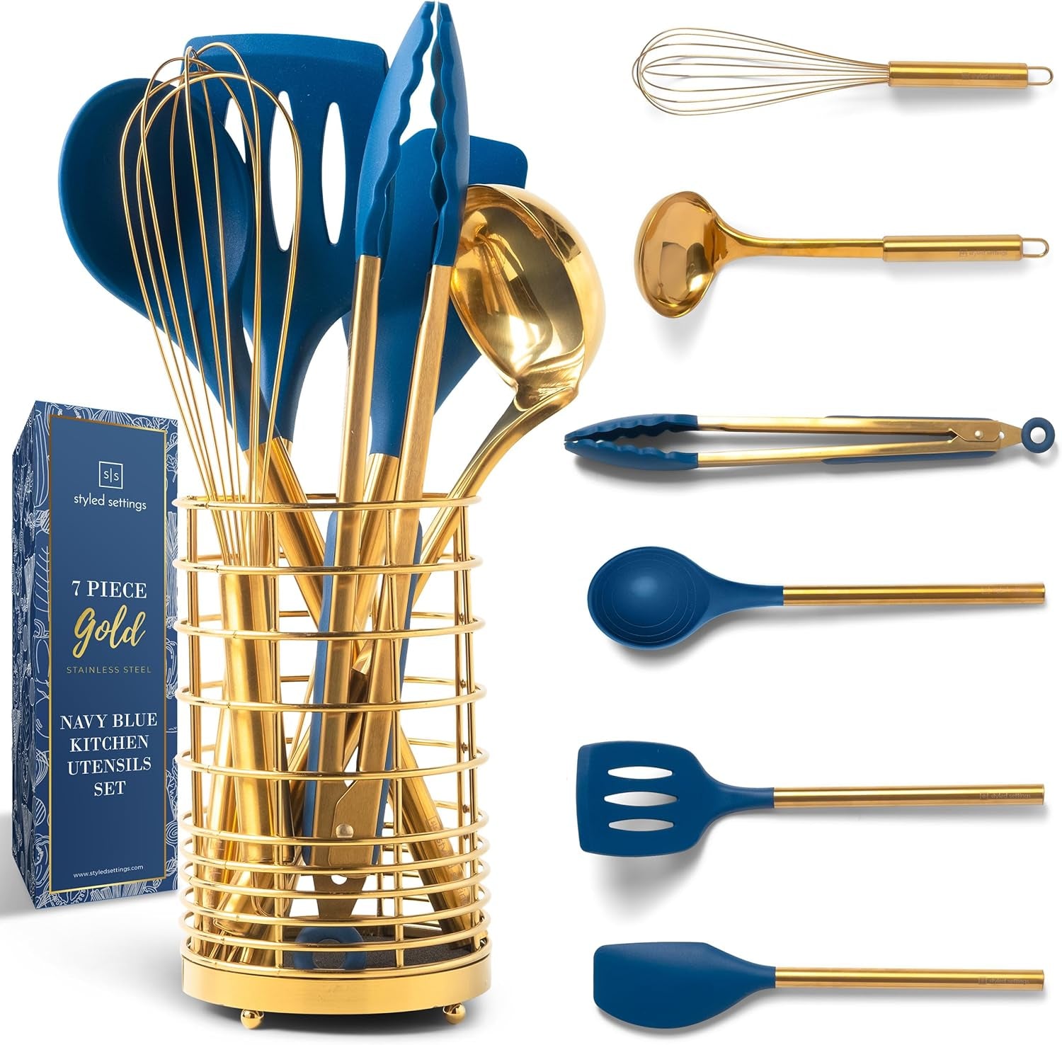White Silicone and Copper Kitchen Utensils Set with Holder - 17-Piece Rose Gold Cooking Tools for Nonstick Cookware