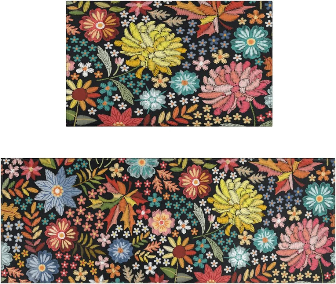 Boho Floral Kitchen Rug Mat Set of 2 Washable Non Slip Mats