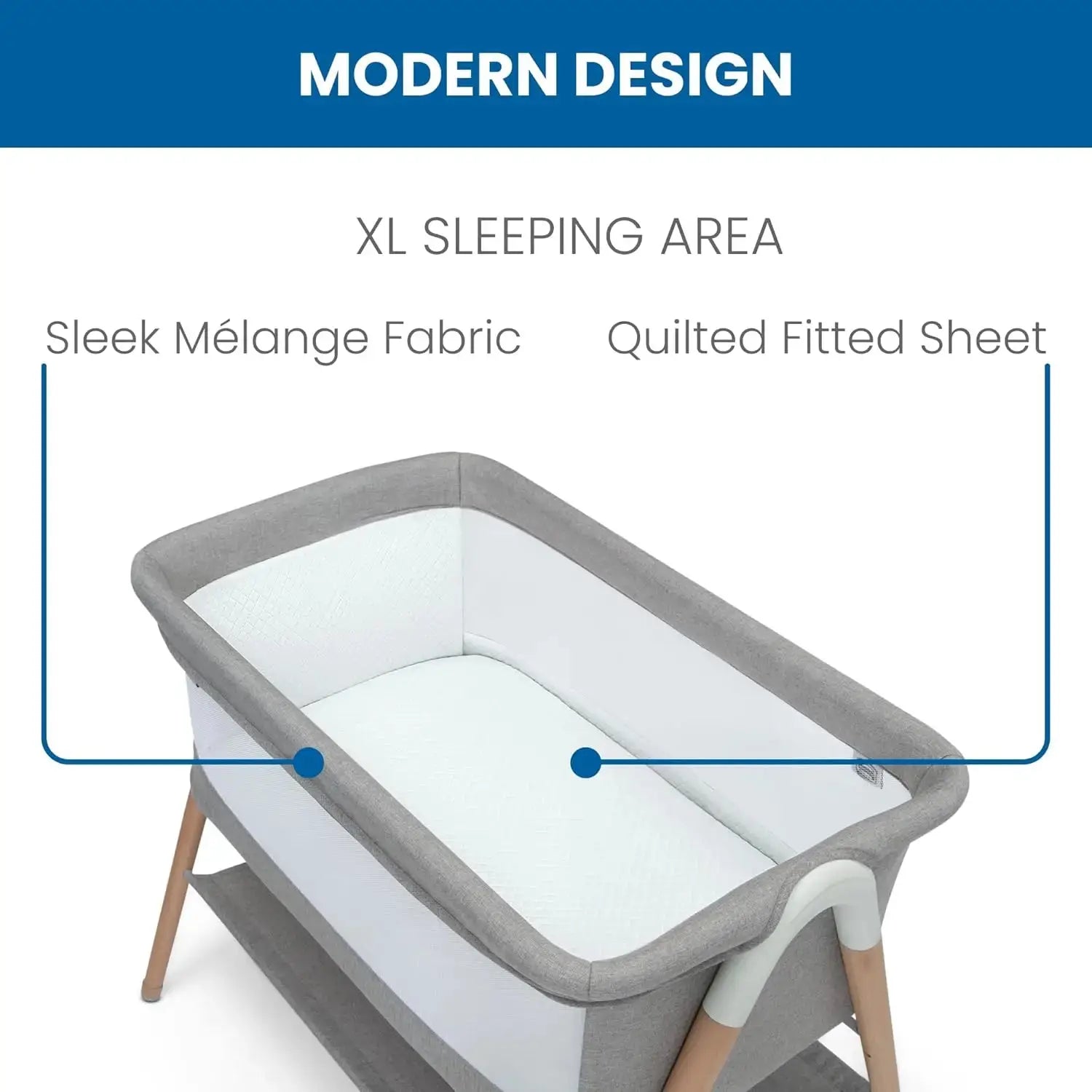 Koi by The Bed Bassinet with breathable mesh sides and natural beechwood legs in dove grey. Features a lower storage shelf, ideal for newborns and parents.