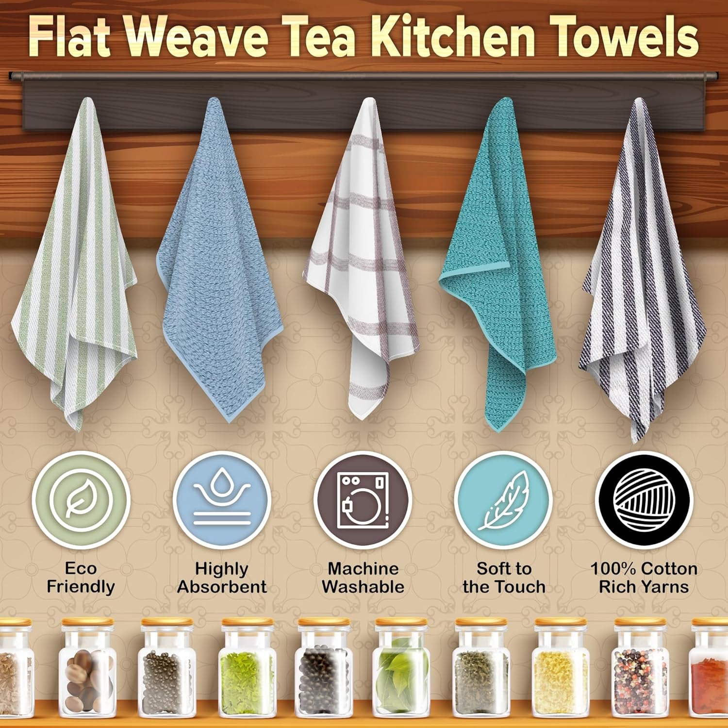 KAF Home Premium Kitchen Towels (18" x 28"), Large 100% Cotton, Flat & Terry Absorbent Dish Towel Set (Black, 6 Pack)