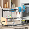PUSDON Over Sink Dish Drying Rack Stainless Steel, Adjustable Large Dish Drainer for Storage Kitchen Organization Black 2 Tier