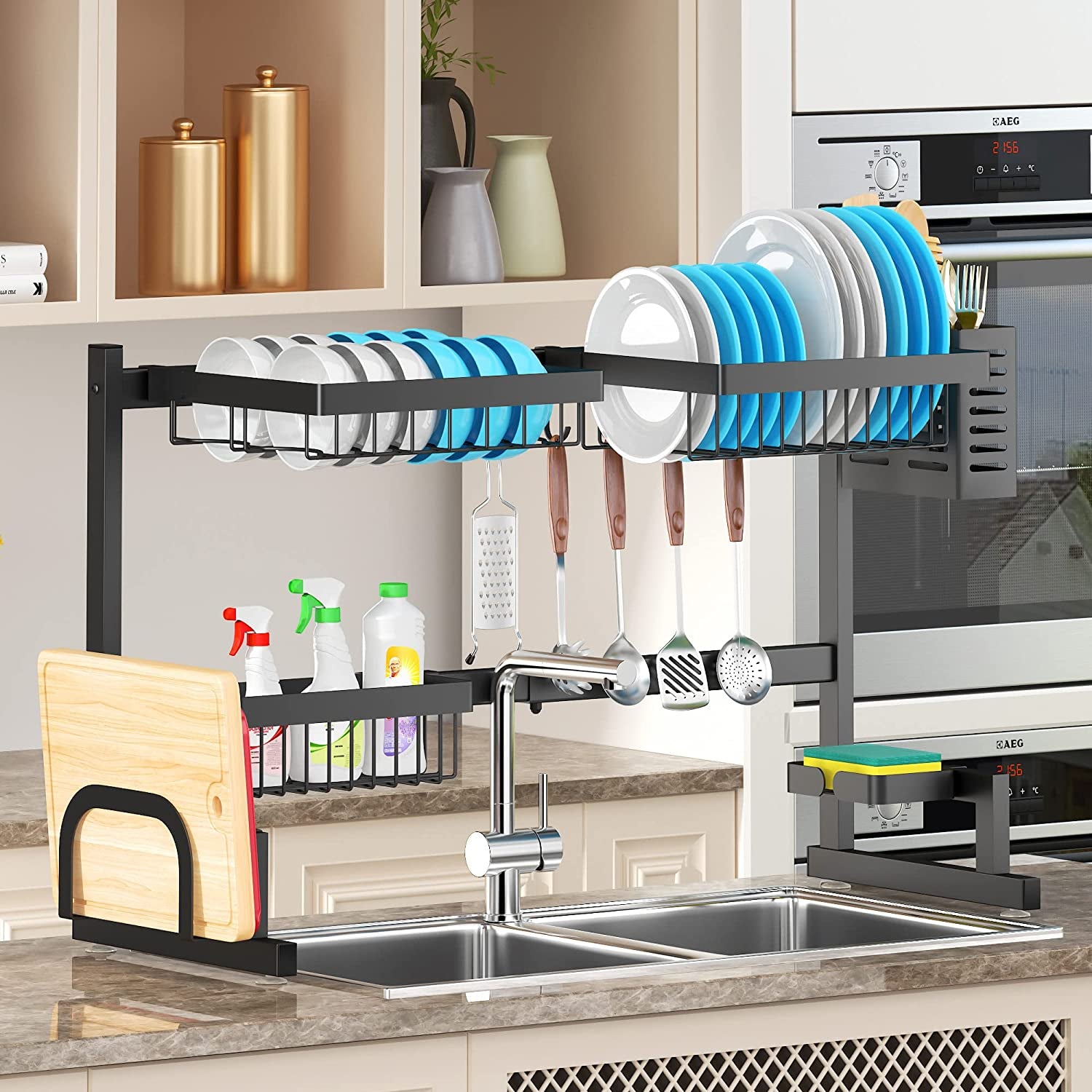 PUSDON Over Sink Dish Drying Rack Stainless Steel, Adjustable Large Dish Drainer for Storage Kitchen Organization Black 2 Tier