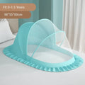 Foldable baby bed with mosquito net and cotton pillows, providing a safe and comfortable sleeping space for infants. Portable design for easy travel.