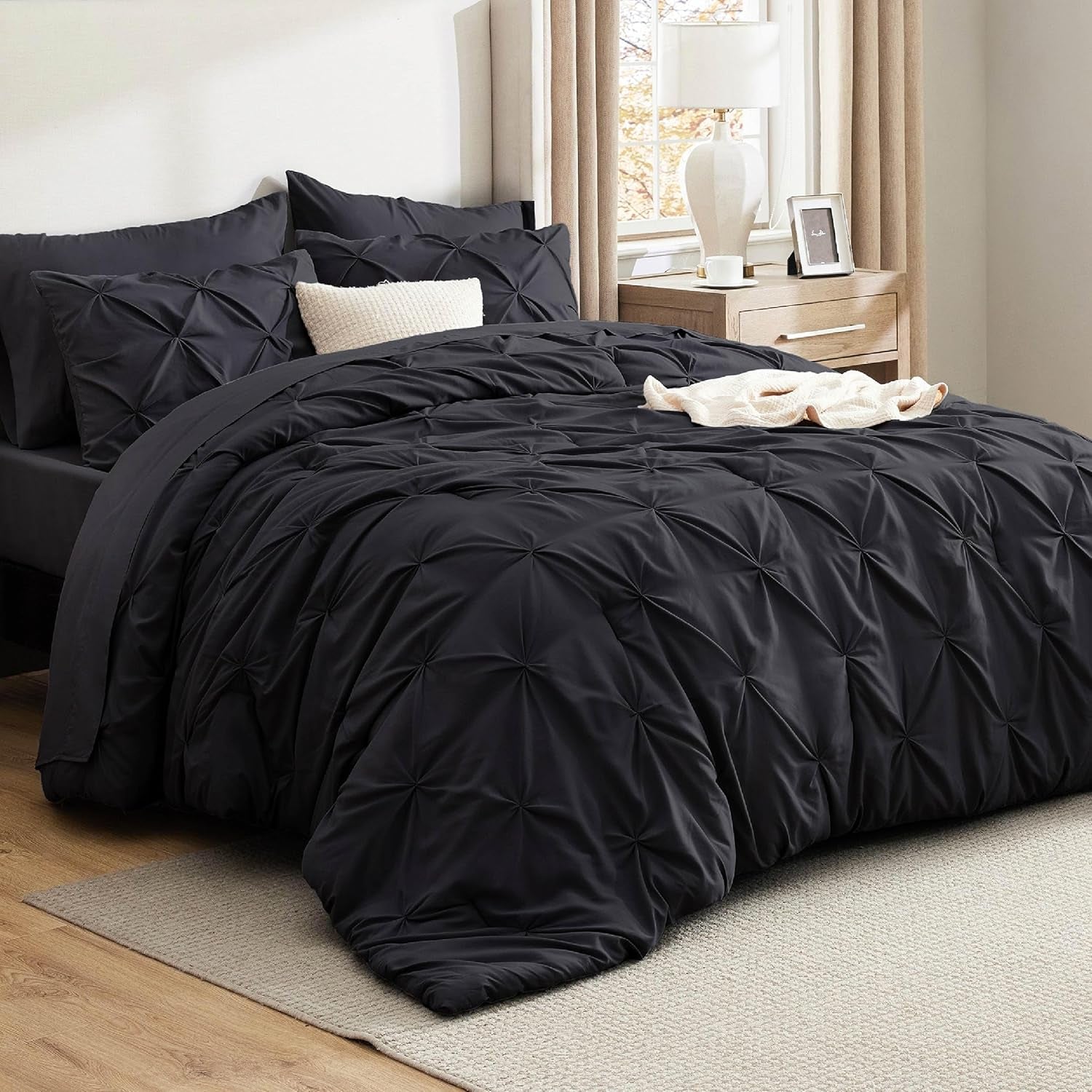 Bedsure Queen Comforter Set Grey - Bed in a Bag Queen Size 7 Pieces, GentleSoft™ Pintuck Bed Set Gift for Family, Pinch Pleat Grey Comforter with Sheets, Pillowcases & Shams
