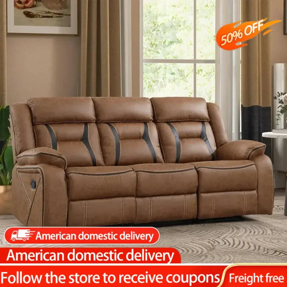 Brown faux leather reclining sofa with three seats, featuring manual recline function and plush cushioning. Stylish and durable furniture for living rooms.