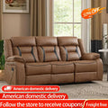 Brown faux leather reclining sofa with three seats, featuring manual recline function and plush cushioning. Stylish and durable furniture for living rooms.
