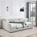 Wood Queen Day Bed Frame with upholstered sofa bed design, featuring two spacious storage drawers and a button-tufted headboard. Sturdy and stylish, no box spring needed.