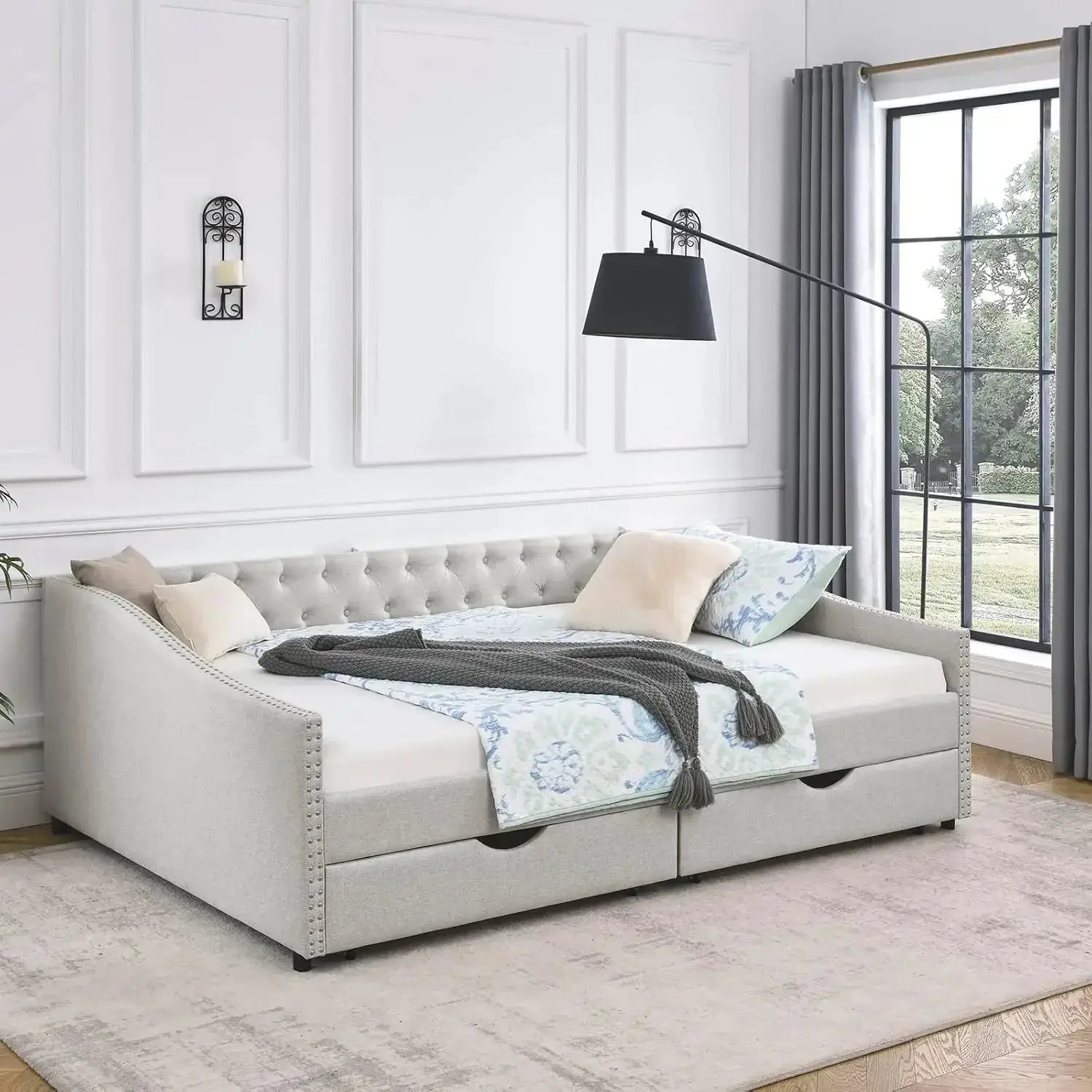 Wood Queen Day Bed Frame with upholstered sofa bed design, featuring two spacious storage drawers and a button-tufted headboard. Sturdy and stylish, no box spring needed.