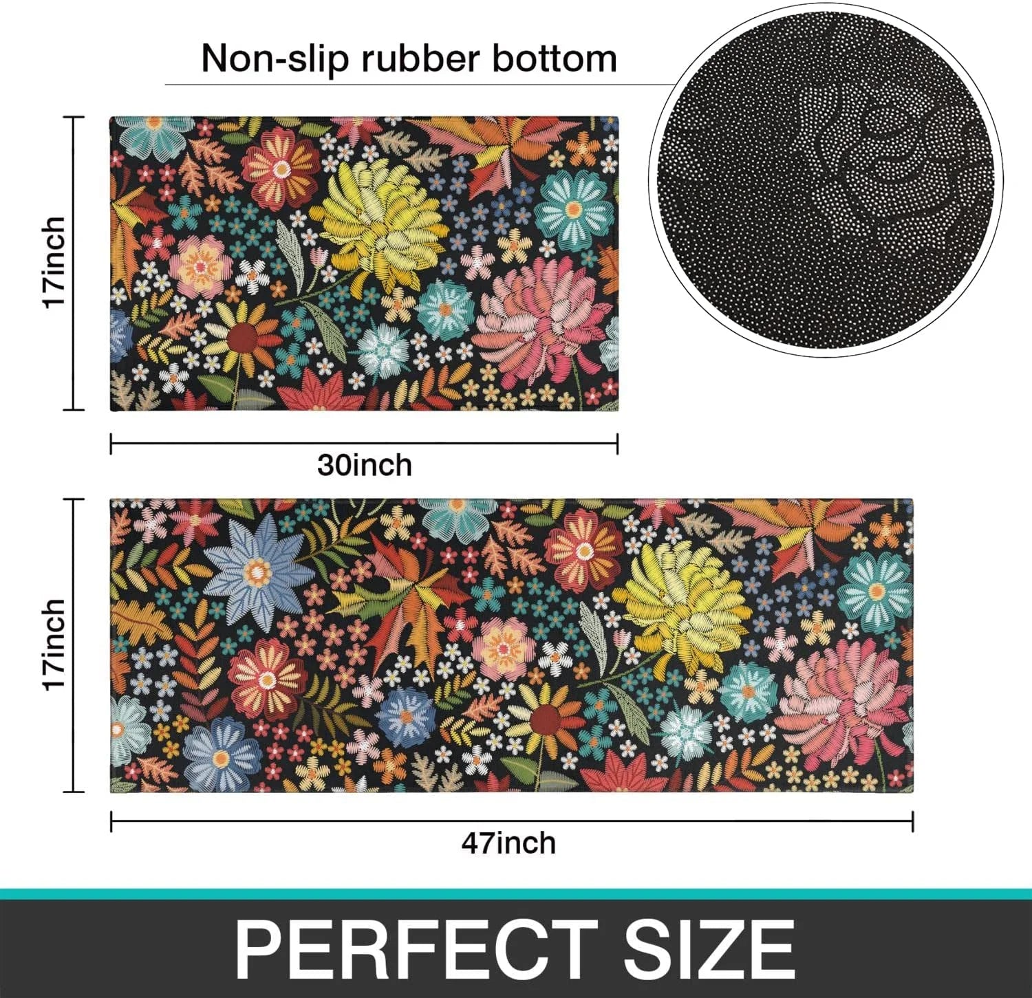 Boho Floral Kitchen Rug Mat Set of 2 Washable Non Slip Mats