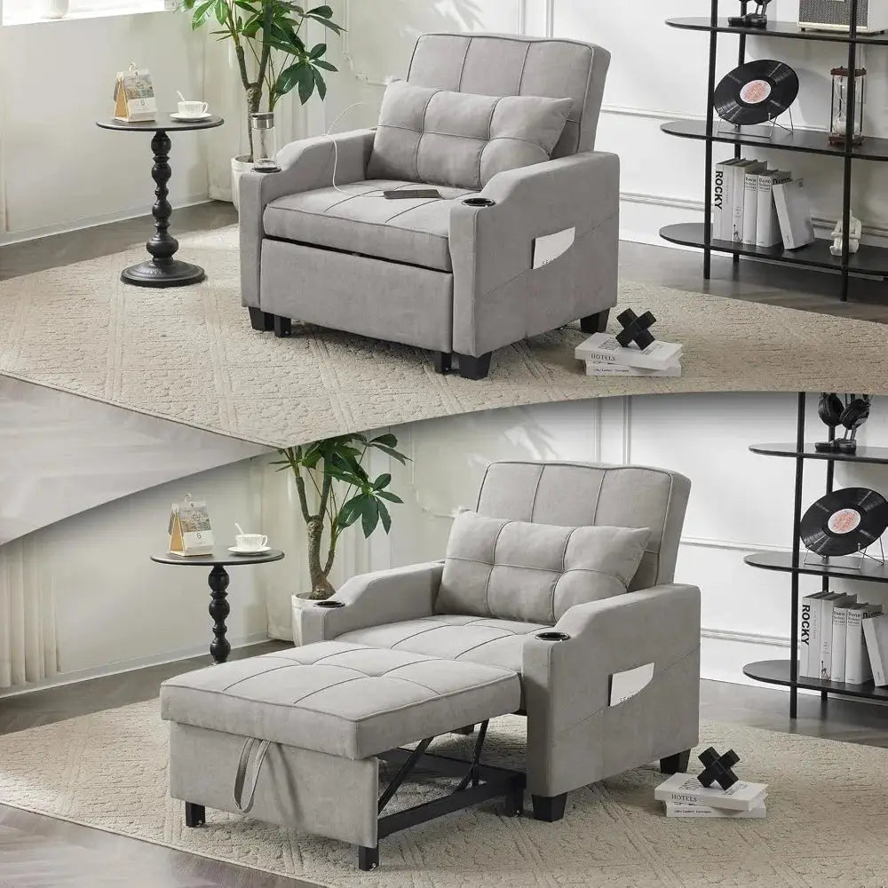 Convertible sleeper chair bed in gray fabric with adjustable recliner, USB ports, and cup holders. Easily transforms into a bed in four steps.