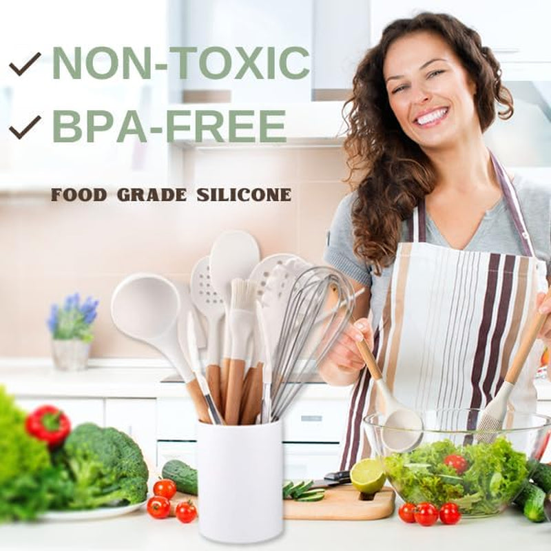 White Silicone Cooking Utensils Set Non Toxic - 11 Pcs Nonstick Kitchen Utensils Set with Holder