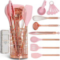 White Silicone and Copper Kitchen Utensils Set with Holder - 17-Piece Rose Gold Cooking Tools for Nonstick Cookware