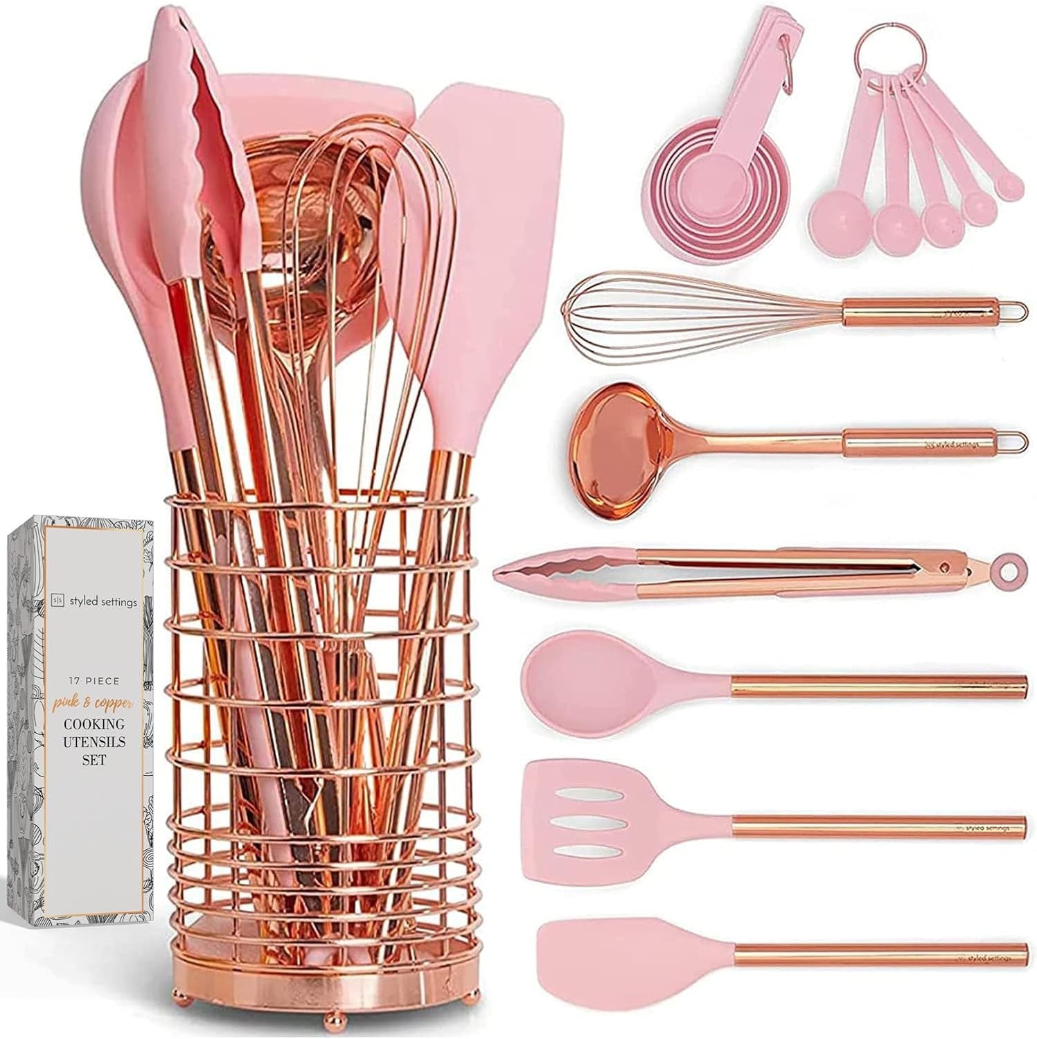 White Silicone and Copper Kitchen Utensils Set with Holder - 17-Piece Rose Gold Cooking Tools for Nonstick Cookware