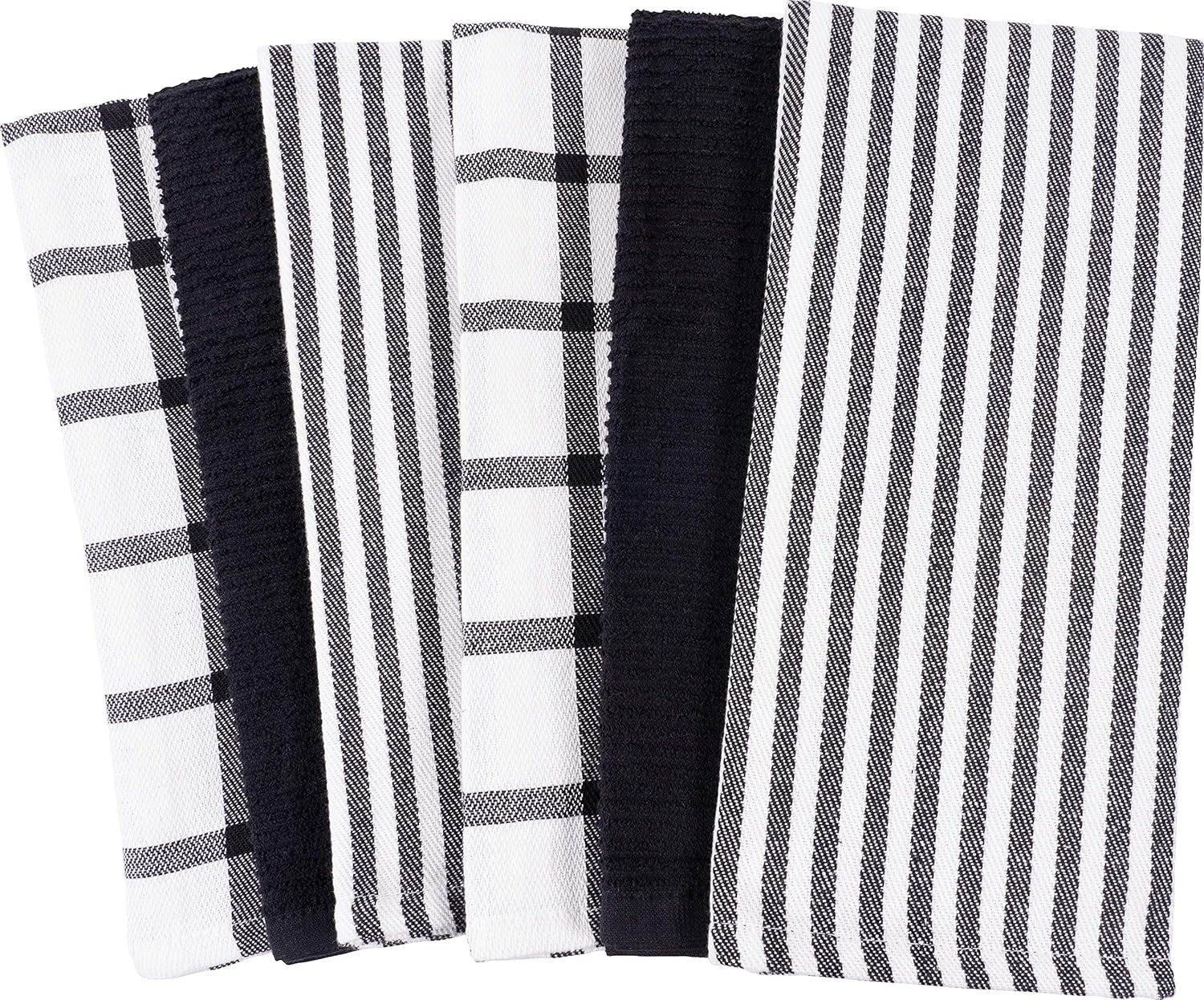 KAF Home Premium Kitchen Towels (18" x 28"), Large 100% Cotton, Flat & Terry Absorbent Dish Towel Set (Black, 6 Pack)