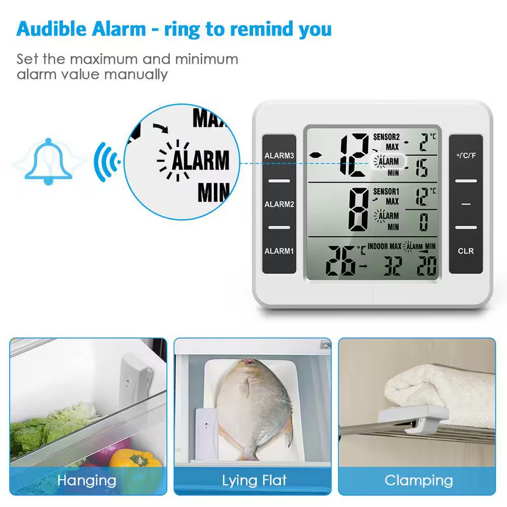 Indoor Wireless Refrigerator Thermometer with Alarm, Sensor Temperature for Kitchen in White
