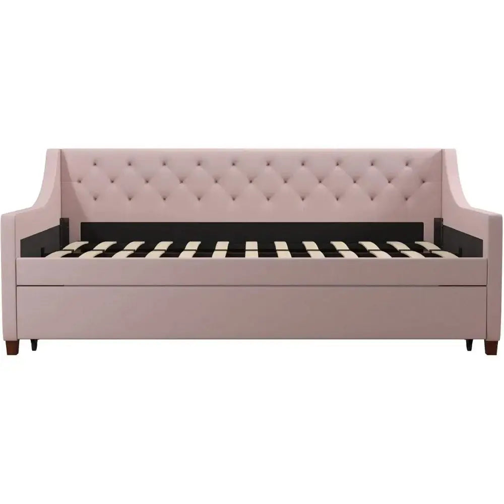 Twin upholstery daybed in mid-century style with diamond-tufted backrest and sturdy wooden legs. Features a pull-out trundle for extra sleeping space.
