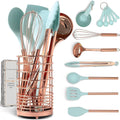 White Silicone and Copper Kitchen Utensils Set with Holder - 17-Piece Rose Gold Cooking Tools for Nonstick Cookware