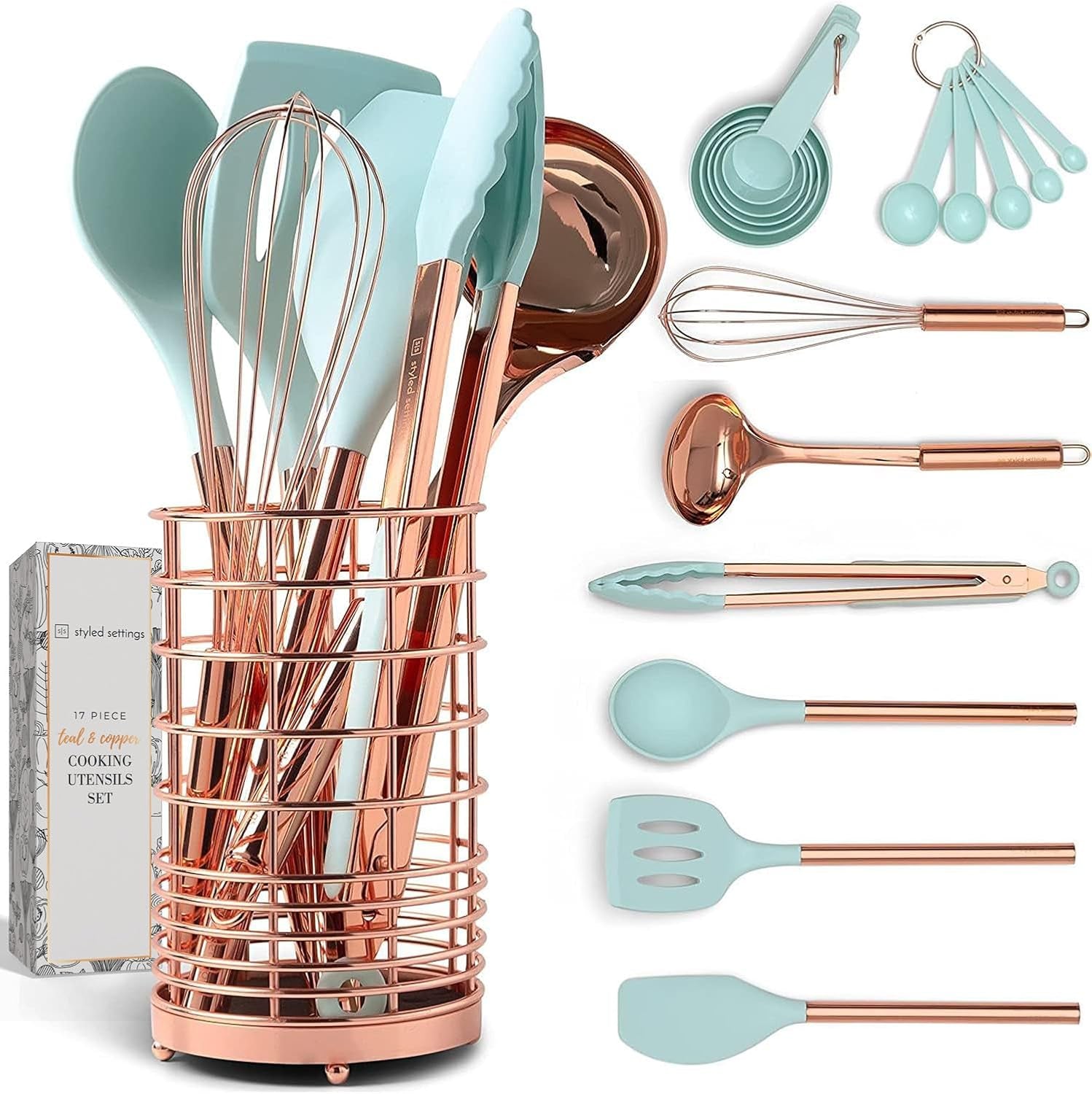 White Silicone and Copper Kitchen Utensils Set with Holder - 17-Piece Rose Gold Cooking Tools for Nonstick Cookware
