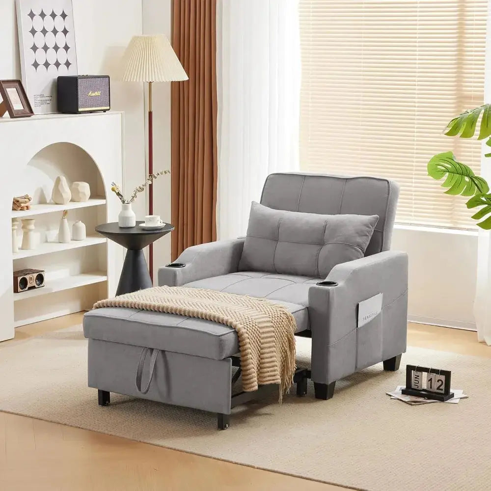 Convertible sleeper chair bed in gray fabric with adjustable recliner, USB ports, and cup holders. Easily transforms into a bed in four steps.