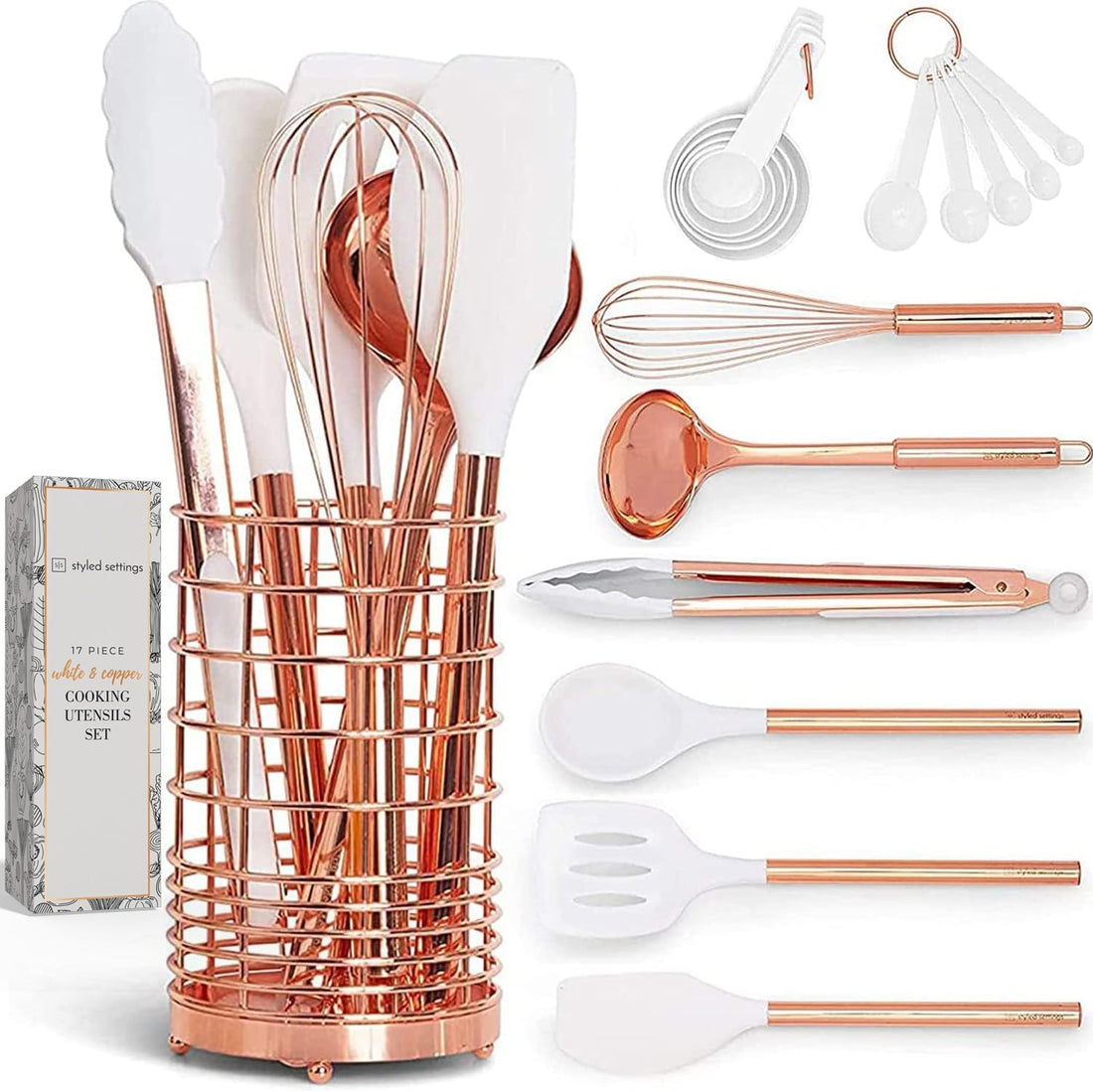 White Silicone and Copper Kitchen Utensils Set with Holder - 17-Piece Rose Gold Cooking Tools for Nonstick Cookware