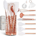 White Silicone and Copper Kitchen Utensils Set with Holder - 17-Piece Rose Gold Cooking Tools for Nonstick Cookware