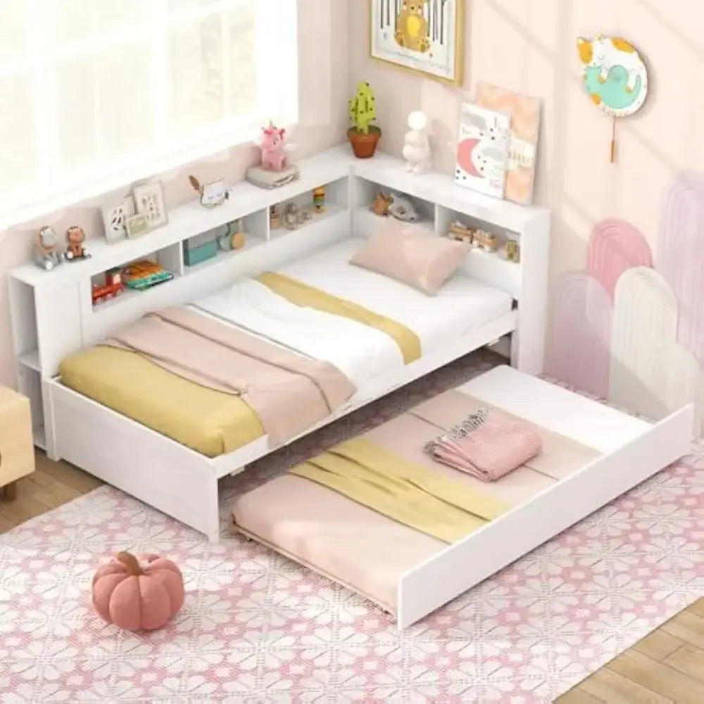 Twin daybed with trundle and storage in a cozy bedroom. Features a reversible bookcase headboard, wooden slats, and bedside shelves for organization.