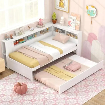 Twin daybed with trundle and storage in a cozy bedroom. Features a reversible bookcase headboard, wooden slats, and bedside shelves for organization.