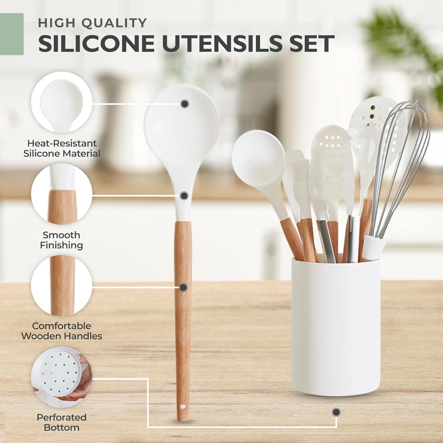 White Silicone Cooking Utensils Set Non Toxic - 11 Pcs Nonstick Kitchen Utensils Set with Holder