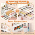 Twin daybed with trundle and storage in a cozy bedroom. Features a reversible bookcase headboard, wooden slats, and bedside shelves for organization.