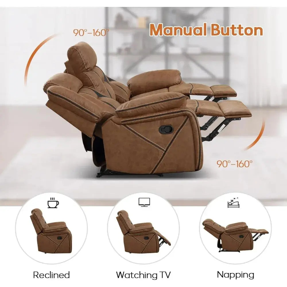 Brown faux leather reclining sofa with three seats, featuring manual recline function and plush cushioning. Stylish and durable furniture for living rooms.