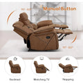Brown faux leather reclining sofa with three seats, featuring manual recline function and plush cushioning. Stylish and durable furniture for living rooms.
