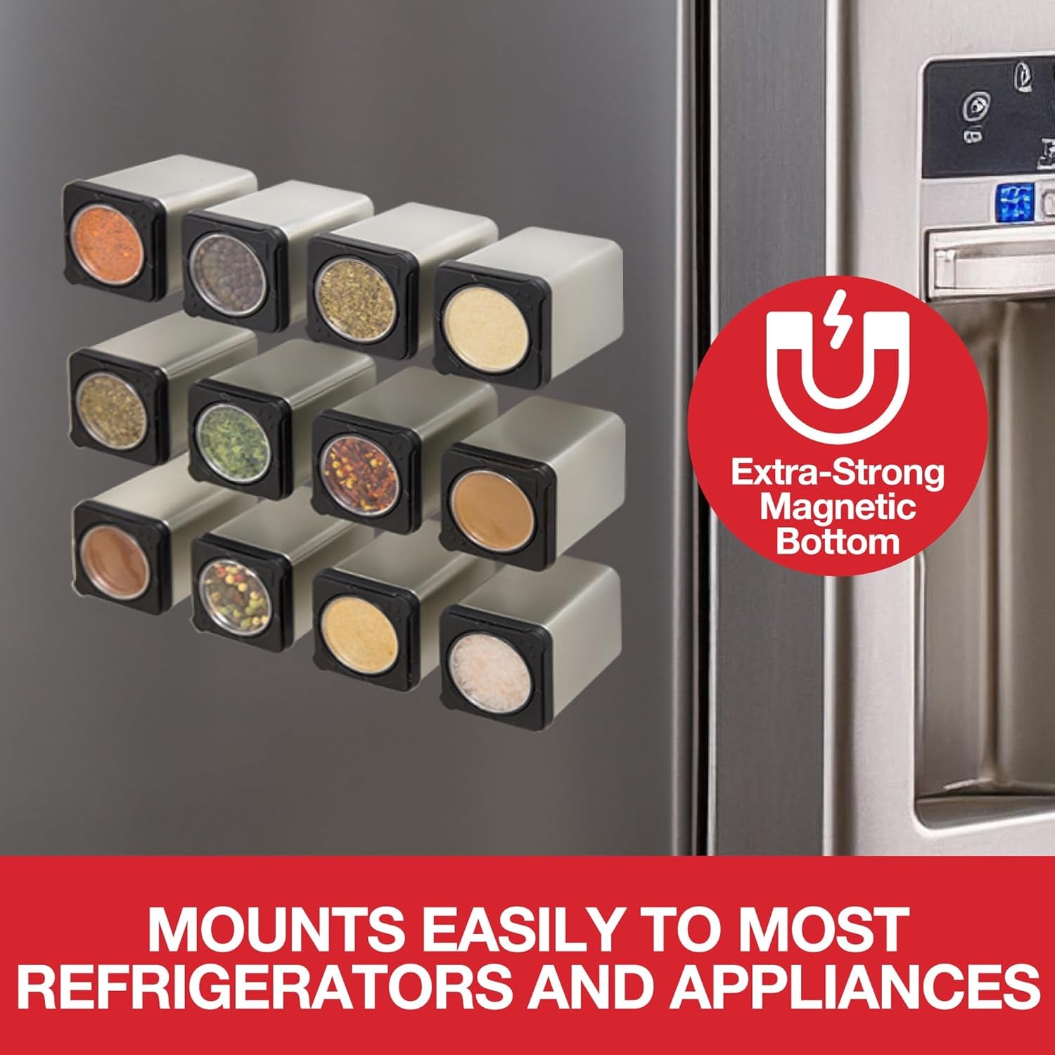 Set of 3 Magnetic Spice Jars, Shake or Pour Containers Attach to Most Refrigerator Doors & Appliances