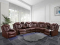 Leather reclining sectional sofa with power recliners, LED lighting, and built-in storage. Features wireless charging, reading lamps, and cup holders for ultimate comfort.