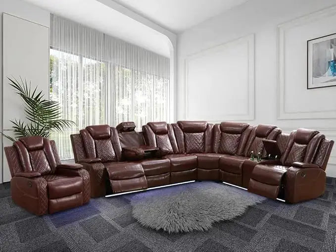 Leather reclining sectional sofa with power recliners, LED lighting, and built-in storage. Features wireless charging, reading lamps, and cup holders for ultimate comfort.