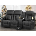3 Seat Recliner Sofa with storage console, USB ports, and cup holders. Large reclining sofa in black leather with quilted accents, ideal for comfort and convenience.