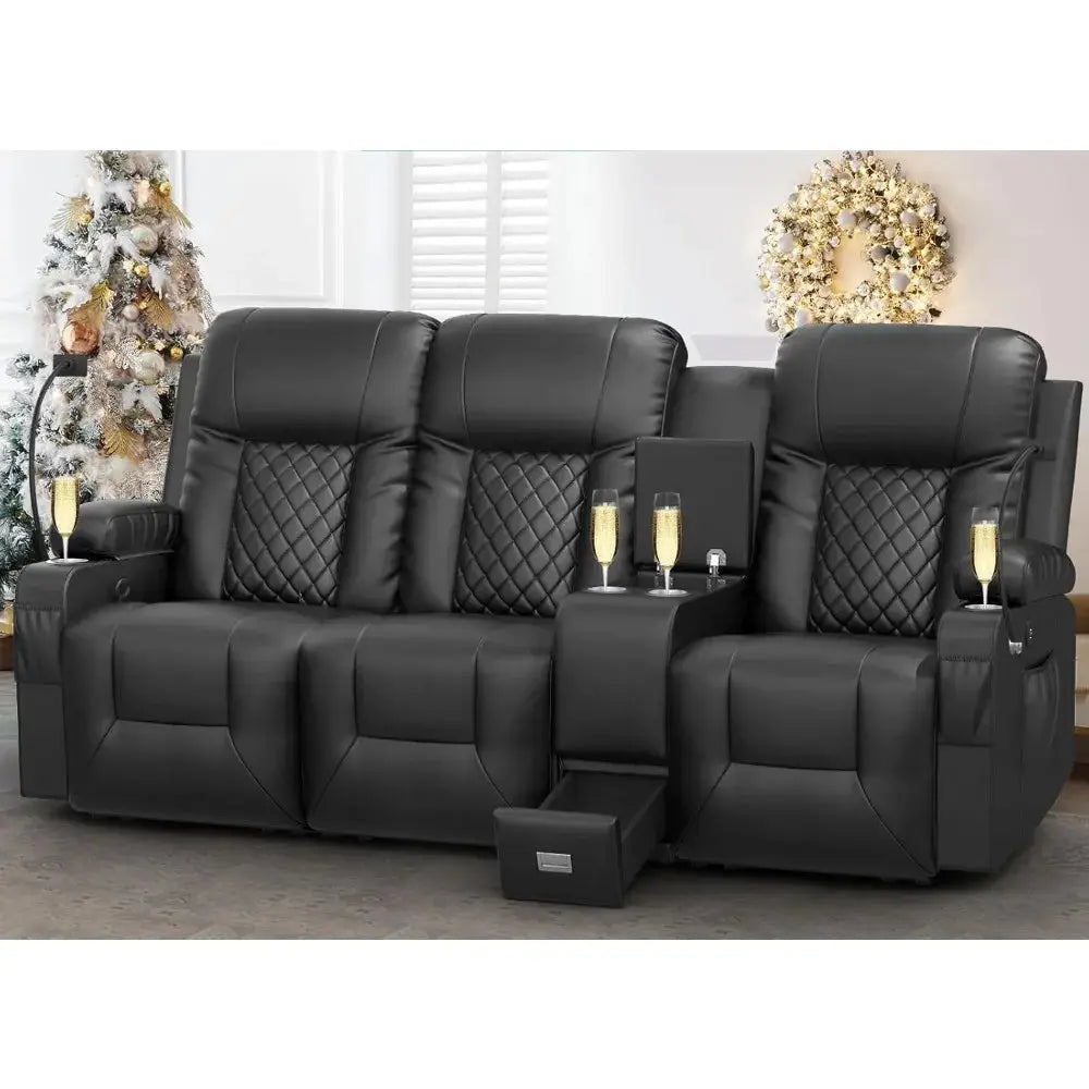 3 Seat Recliner Sofa with storage console, USB ports, and cup holders. Large reclining sofa in black leather with quilted accents, ideal for comfort and convenience.