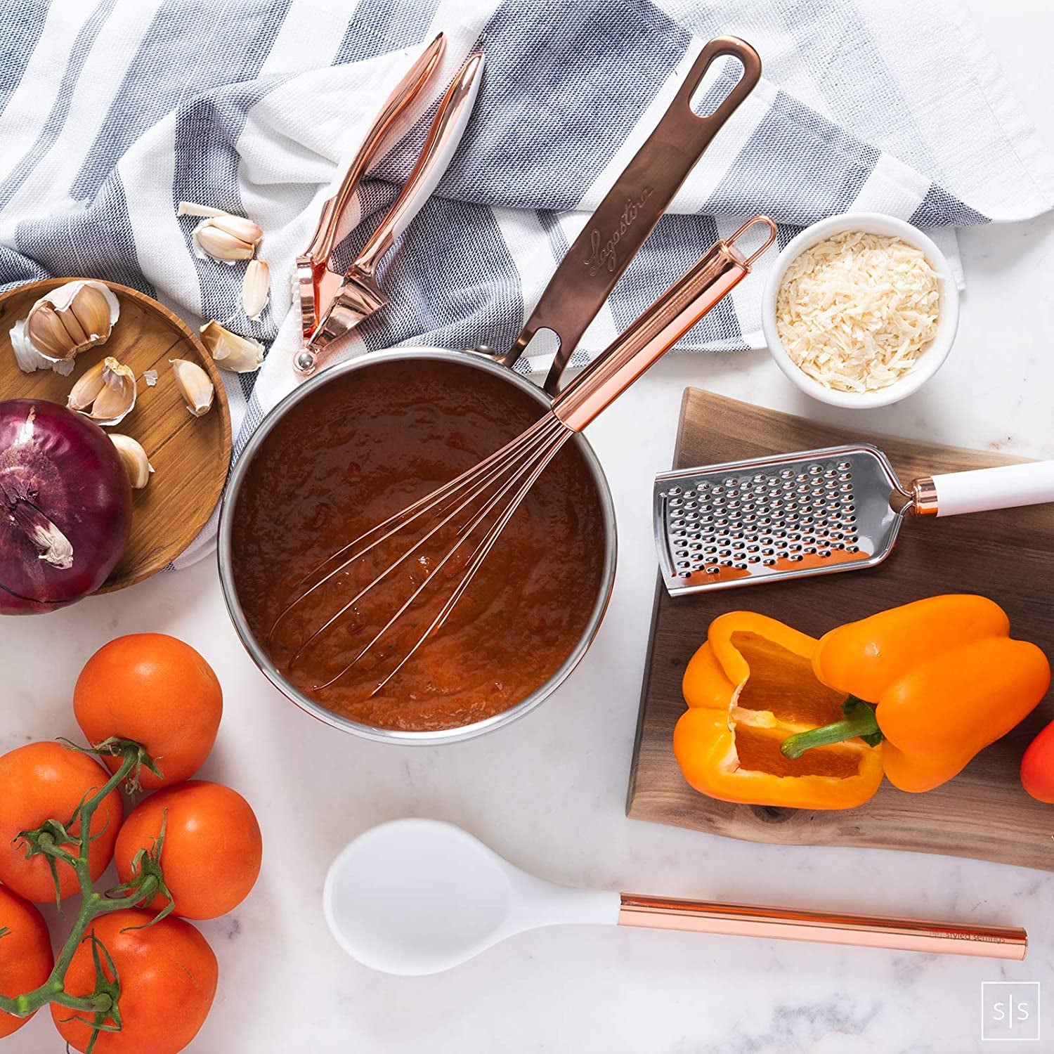White Silicone and Copper Kitchen Utensils Set with Holder - 17-Piece Rose Gold Cooking Tools for Nonstick Cookware