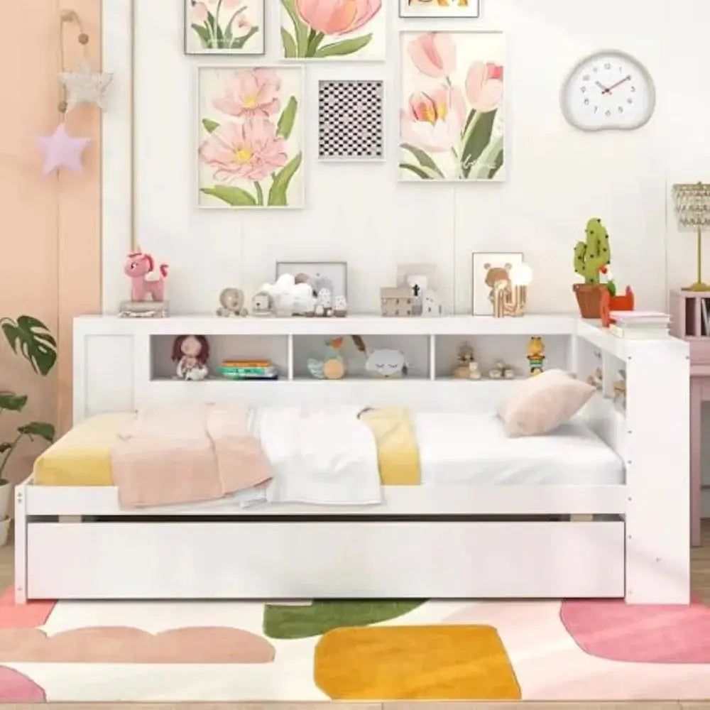 Twin daybed with trundle and storage in a cozy bedroom. Features a reversible bookcase headboard, wooden slats, and bedside shelves for organization.