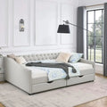Wood Queen Day Bed Frame with upholstered sofa bed design, featuring two spacious storage drawers and a button-tufted headboard. Sturdy and stylish, no box spring needed.