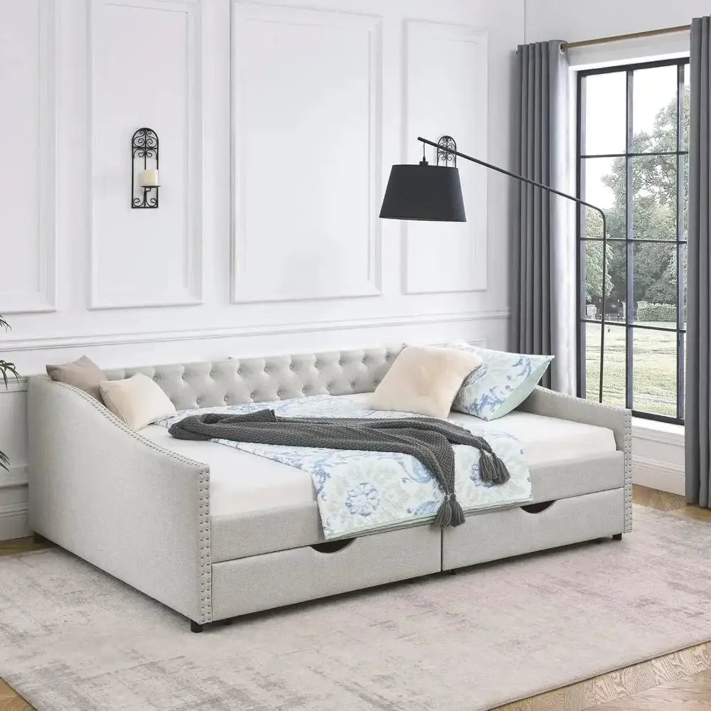 Wood Queen Day Bed Frame with upholstered sofa bed design, featuring two spacious storage drawers and a button-tufted headboard. Sturdy and stylish, no box spring needed.