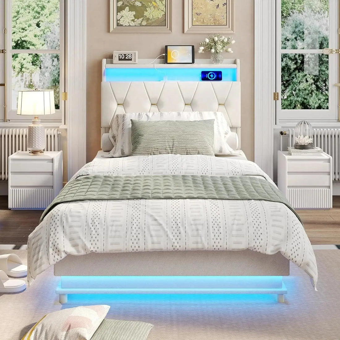 Twin size lift-up bed frame with storage headboard, charging station, and LED lights. Upholstered platform bed with under-bed storage, no box spring needed.