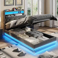 Twin size lift-up bed frame with storage headboard, charging station, and LED lights. Upholstered platform bed with under-bed storage, no box spring needed.