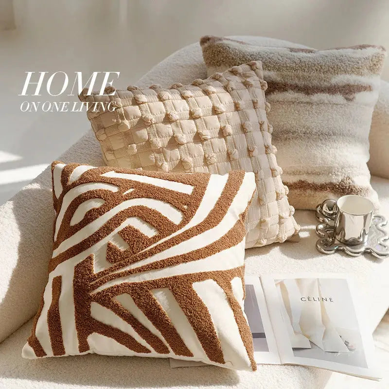 45x45CM Brown Vintage Nordic Throw Pillow Cover in cream and brown with a textured geometric pattern, adding a light luxury touch to a sofa or bed.