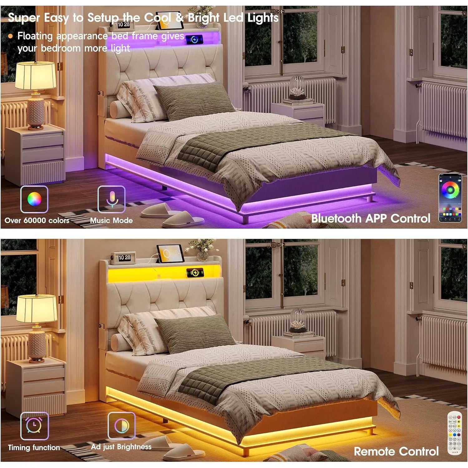 Twin size lift-up bed frame with storage headboard, charging station, and LED lights. Upholstered platform bed with under-bed storage, no box spring needed.