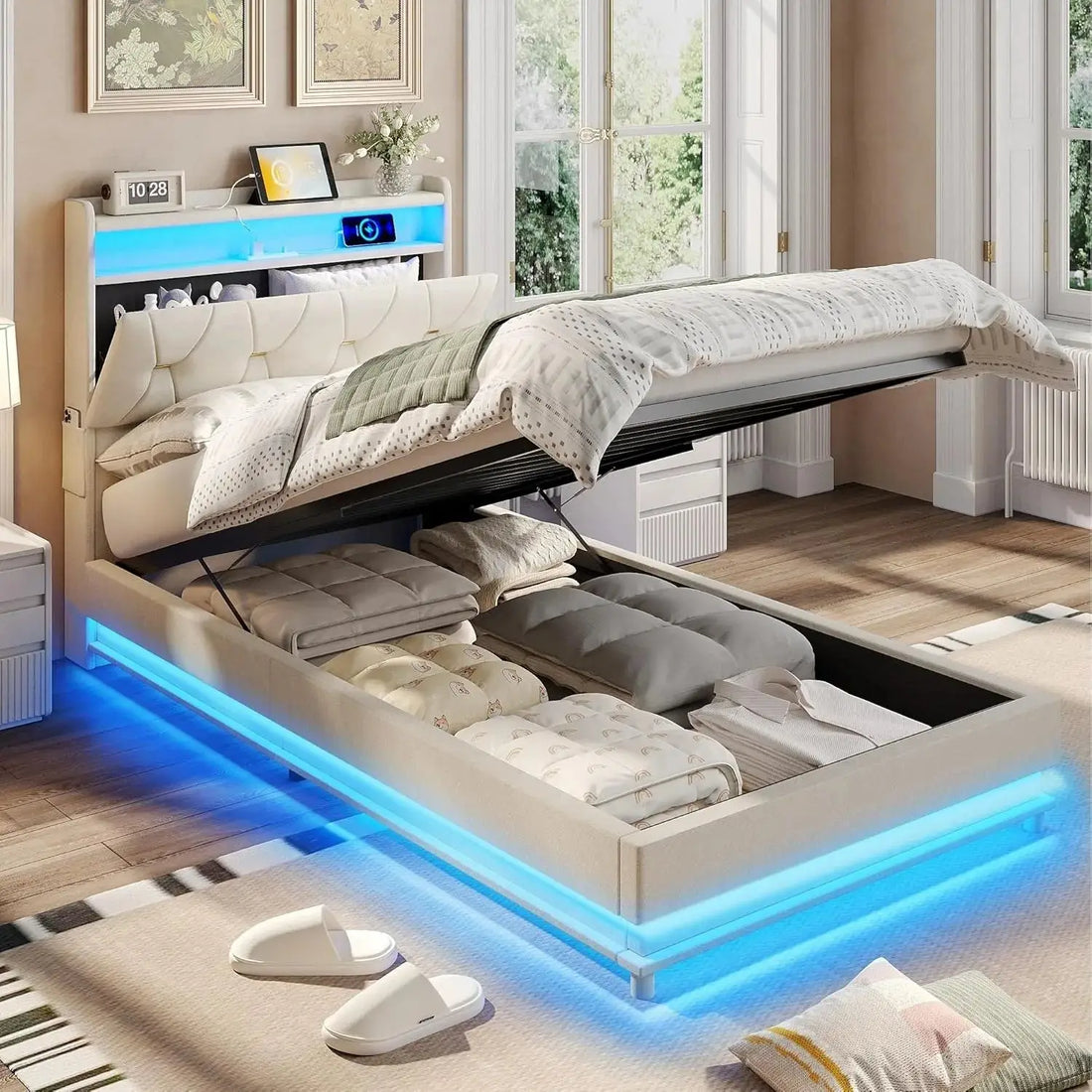 Twin size lift-up bed frame with storage headboard, charging station, and LED lights. Upholstered platform bed with under-bed storage, no box spring needed.