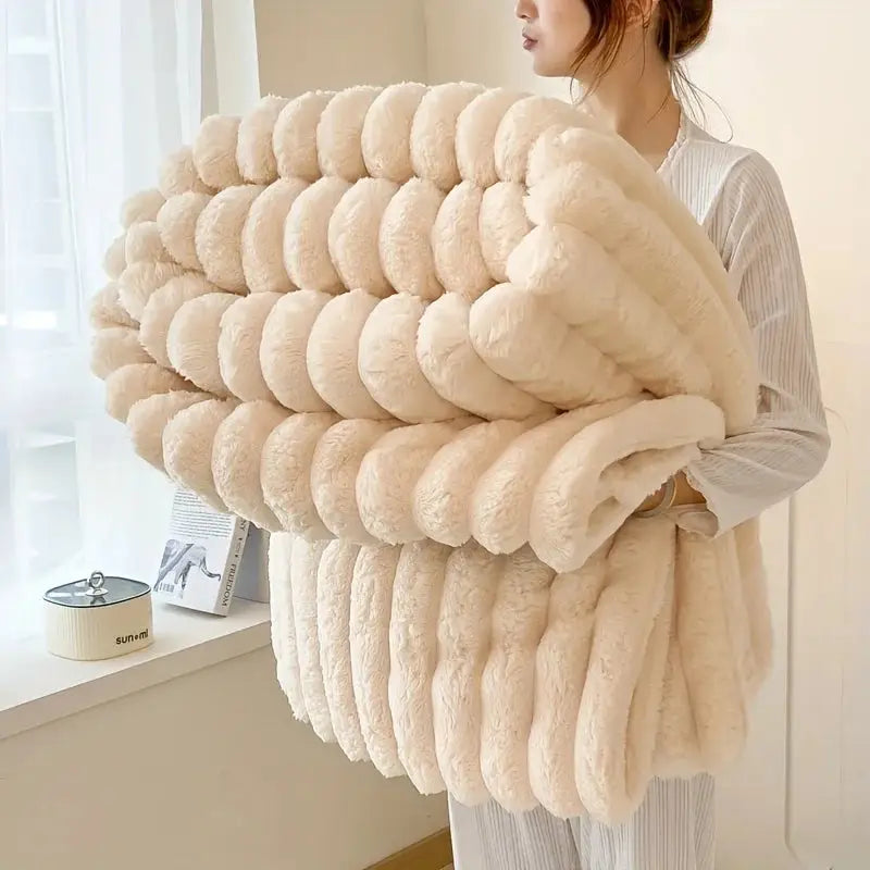 Light luxury solid color multifunctional rabbit velvet blanket in thick, warm flannel. Ideal for bedroom and living room use during winter.