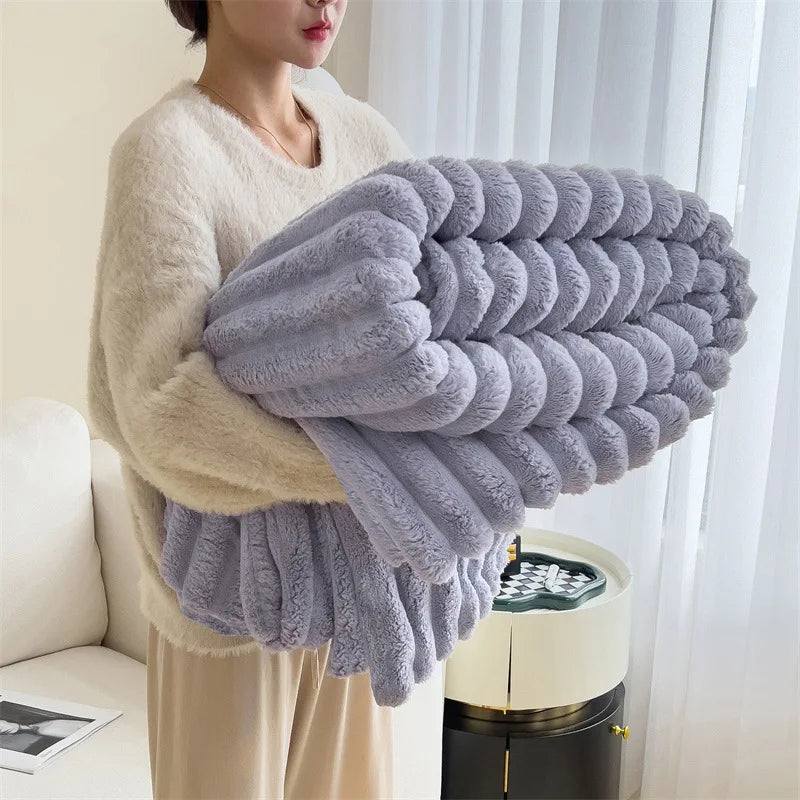 Light luxury solid color multifunctional rabbit velvet blanket in thick, warm flannel. Ideal for bedroom and living room use during winter.